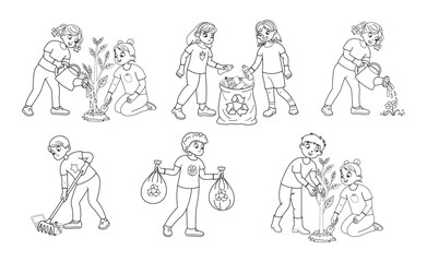 Fototapeta premium Black and white outline set of children doing eco-friendly activities, including planting trees, watering plants, recycling, and cleaning the environment. Coloring page 