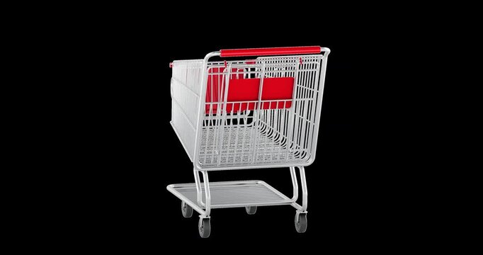 Empty metal shopping cart, rotation animation seamlessly loopable. 3D rendering isolated on transparent background