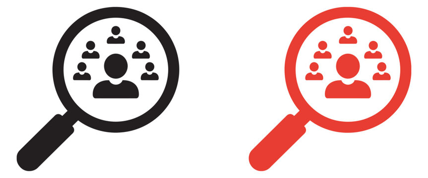 Magnifying glass searching people icon set, black and red vector design, recruitment user analysis team selection human resource concept illustration