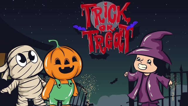 Halloween Trick or Treat Cartoon Animation with Cute Characters, Pumpkin, Witch and Mummy, Night Background 4K