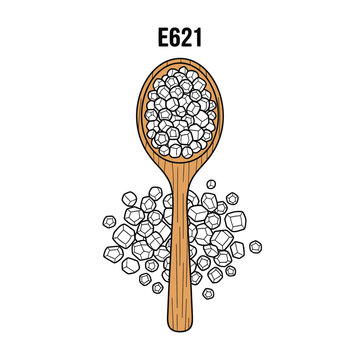 MSG Flavor Enhancer E621 Monosodium Glutamate in Wooden Spoon Vector