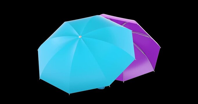Pink and blue umbrellas, rotation animation seamlessly loopable. 3D rendering isolated on transparent background