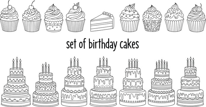 Birthday cakes and cupcakes set outline vector illustration celebration dessert collection party sweets design elements