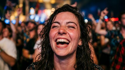 Obraz premium A woman laughs openly in a lively crowd with colorful lights in the background. Scene captures excitement, celebration, and high-energy social atmosphere.