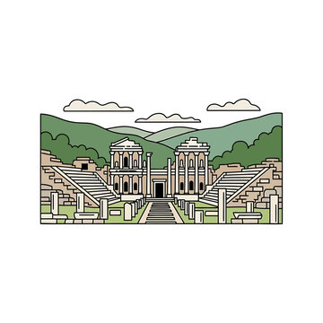Ancient Ephesus City Ruins and Celsus Library Vector Illustration