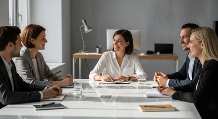 Fototapeta premium A group of professionals engages in a productive meeting around a white conference table.