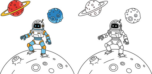 Cartoon Astronaut Robot Exploring a Moon Landscape with Planets © Snehashish Pritom