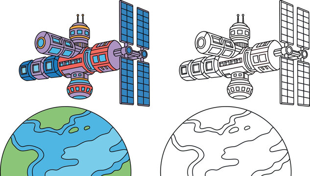 Detailed Cartoon Space Station Orbiting Earth with Solar Panels