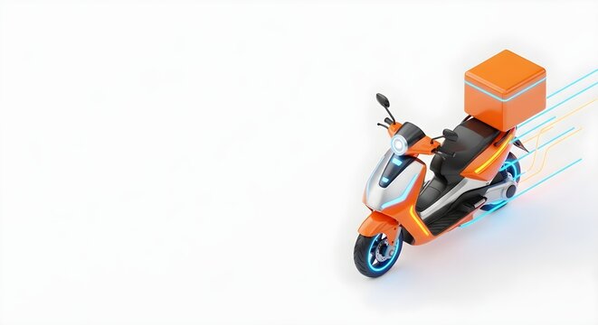 Orange electric scooter with bright orange delivery box and glowing blue lines, fast urban delivery vehicle, modern transportation for quick courier service, white background.