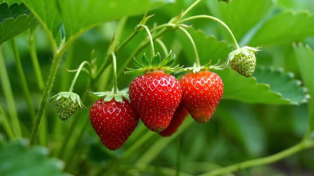 Close-up of ripe red strawberries on a vine amidst green leaves
