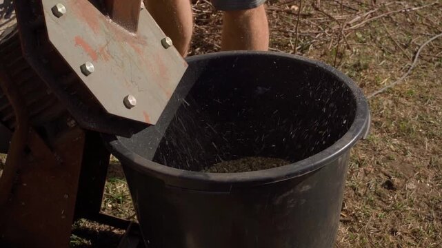 Shredded wood chips flying out of chipper into large black bucket close-up slow motion
