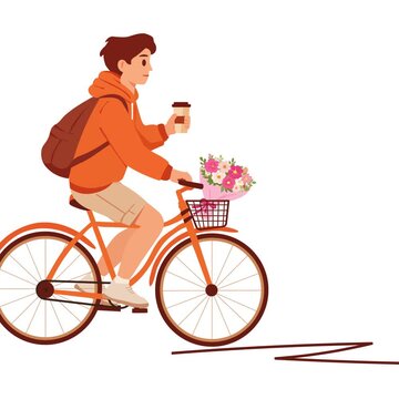 Minimal flat vector illustration of a young man riding a bicycle with a bouquet of flowers and takeaway coffee, perfect for lifestyle, delivery, and urban living concepts.