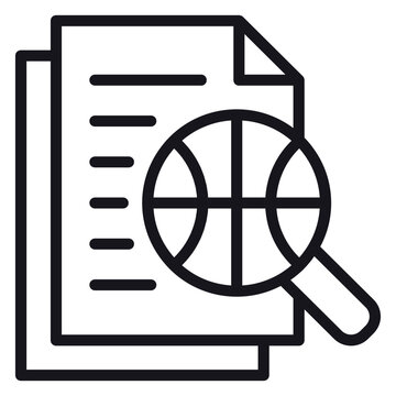 Basketball scouting report vector icon. Illustration of a magnifying glass searching for a basketball on a stack of documents. Sports data analysis, player recruitment, and research symbol.