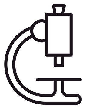Microscope vector icon illustration, black line art symbol of laboratory equipment for scientific research, biology, chemistry, and medical analysis, minimalist scalable graphic design.