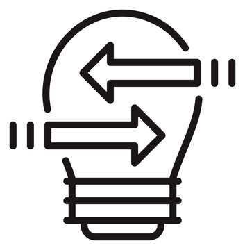 Minimalist black vector icon of a light bulb with two horizontal arrows pointing in opposite directions, representing idea exchange, knowledge transfer, brainstorming, and creative innovation.