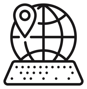 Global Communication and Geolocation Vector Icon Illustration Featuring a Globe with a Map Pin Marker on a Keyboard Base, Representing Remote Work, Digital Connectivity, and Online Search