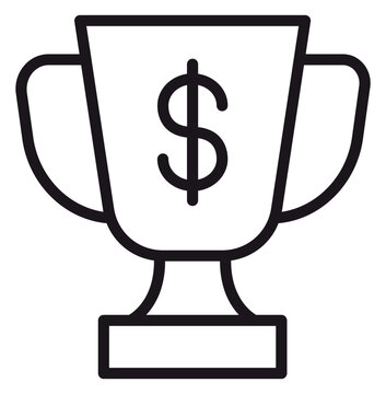Black line art vector icon of a trophy cup with a dollar sign, representing financial success, business achievement, monetary prize, or winning a competition with a cash reward on white background.
