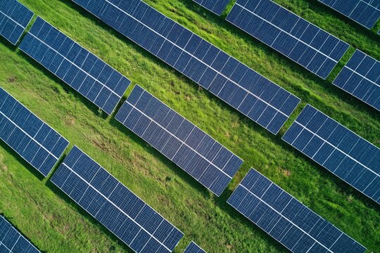Solar panel array installed on grassy field from above