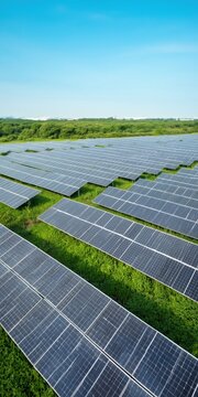 Solar panels array covering grassy field under blue sky