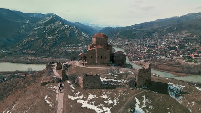 Jvari Monastery Aerial Reveal Over Mtskheta