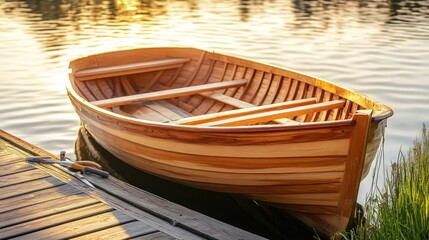 Obraz premium Wooden rowboat on calm water by the dock