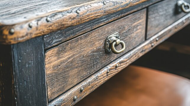 Close up of antique wooden desk with drawer