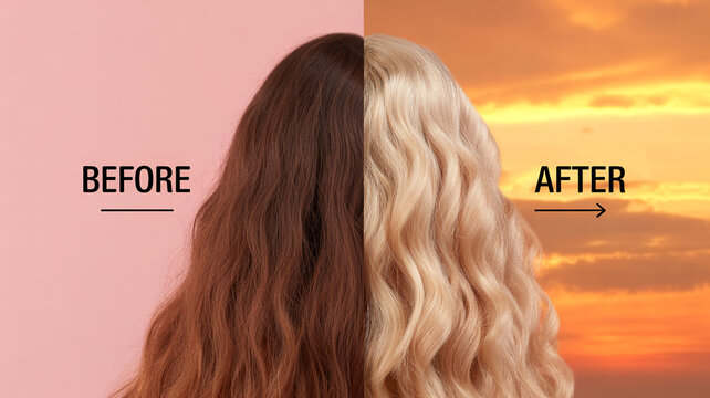Before and after hair transformation comparison, beauty and haircare concept, damaged vs healthy hair, treatment results, styling improvement, clean visual