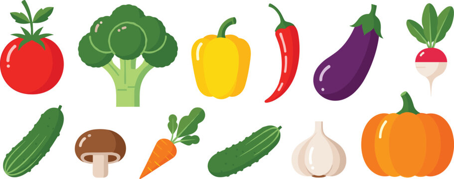 Fresh vegetables set tomato broccoli pepper eggplant carrot garlic pumpkin vector illustration healthy food collection design