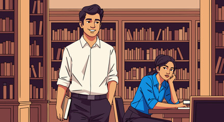 Two cartoon men study quietly amid tall bookshelves in a calm library illustration © Manok Mas