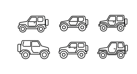 Simple line art illustration of six off road vehicles in various poses © MSTSALINA
