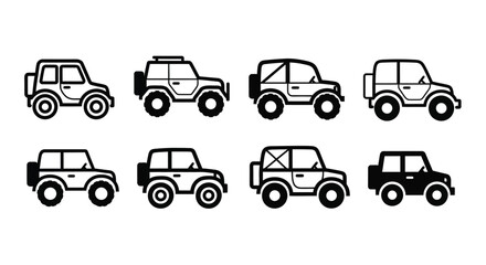 Collection of simple black and white off road vehicle icons displayed © MSTSALINA