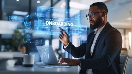 Obraz premium Man Interacting with Holographic Onboarding System in Modern Office