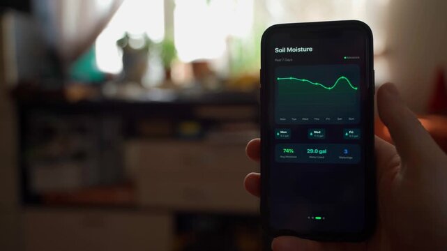 Mobile app on smartphone for regulating and monitoring plant watering close-up