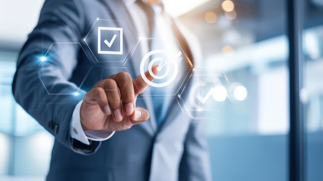 Businessman Touching Virtual Screen with Digital Checkmark for