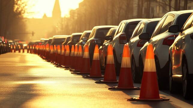 Roadside cones beside parked cars during daytime