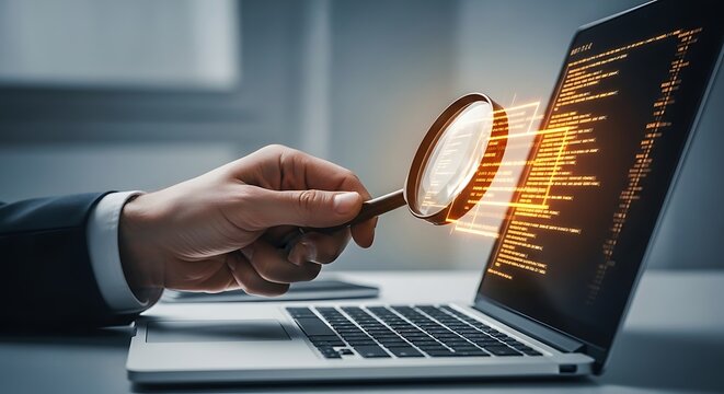 Human hand holding magnifying glass over laptop screen displaying computer code with glowing orange lines representing data analysis.