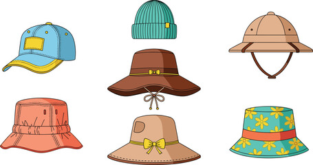 Hat collection set bucket cap safari beanie summer fashion accessories vector illustration stylish headwear design elements © Lunavera art