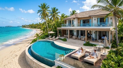 Fototapeta premium Luxury beachfront villa with infinity pool and palm trees on a tropical island