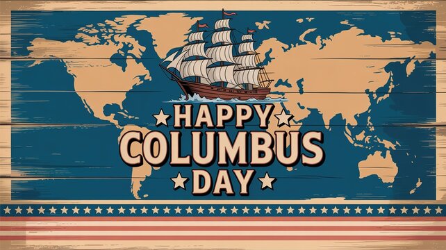 A pixelated image of a map with a ship and the words happy columbus day isolated on transparent background, Vector, illustration