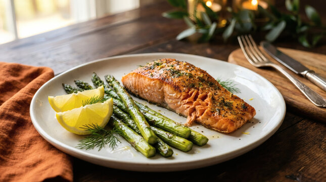 Delicious pan-seared salmon fillet with roasted asparagus and lemon wedges