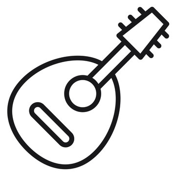 Minimalist black line vector icon of a mandolin or lute musical instrument, isolated on a white background. Clean and scalable graphic illustration for music, folk, and acoustic design projects.