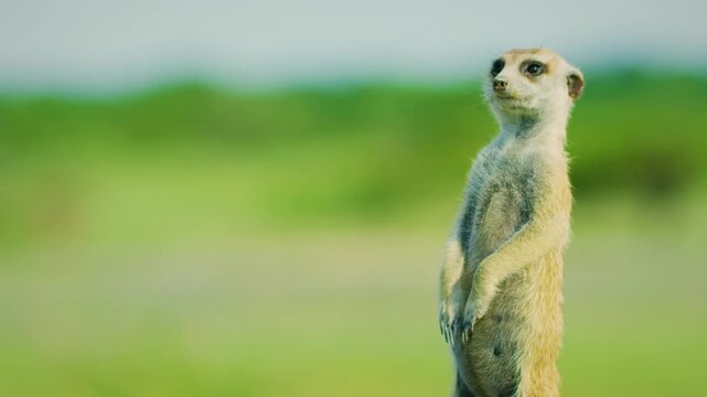 Portrait of Meerkat Suricata suricatta, African native animal, small carnivore belonging to the mongoose family. 