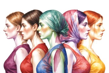 Naklejka premium Diverse group of women standing together in unity and solidarity with colorful clothing and headscarves.