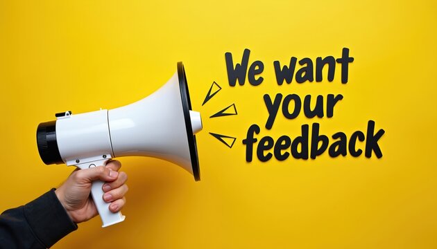 Hand holds megaphone with text We want your feedback on bright yellow background. Call to action for opinions and customer input. Ideas for surveys and marketing.