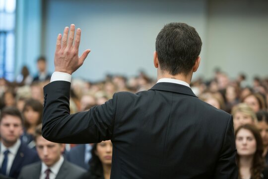 Man in a suit raises his hand to speak in a crowded conference room setting.