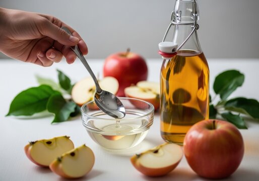 A hand stirring a mixture of apple cider vinegar and water with sliced apples and leaves on a table for cooking purposes always healthy