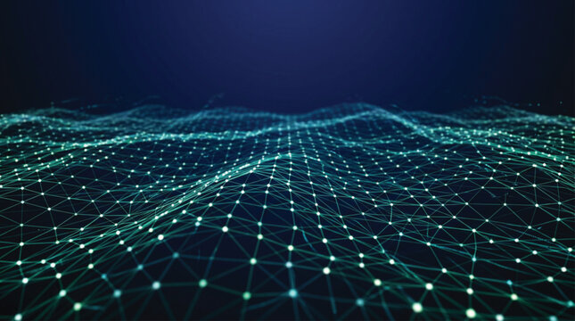 Abstract digital landscape with glowing green nodes and interconnected mesh lines representing big data flow and complex network connectivity in a virtual cyberspace environment.