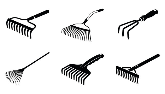 Garden Rake Tools Set - Farming and Gardening Equipment Black and White Vector Icon