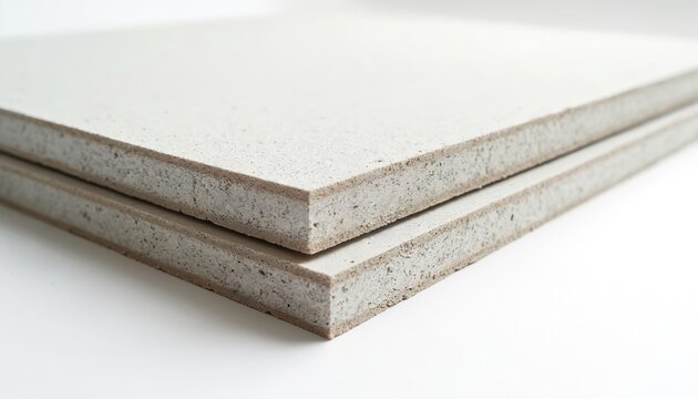 Two plasterboards stacked on a clean white background. Light gray panels with textured surface and visible composite core. Building material for interior walls and ceilings.