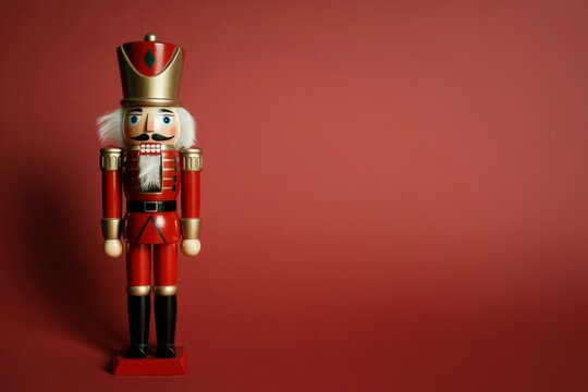 Traditional christmas nutcracker soldier stands alone on a red background with copyspace.
